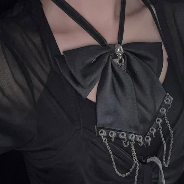 (이체시에눌) 일본 고스펑크 해골 리본 포인트 드롭 체인 블랙 목걸이