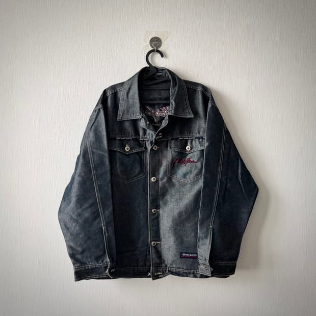 팻팜 새틴 유광 백로고 레드포인트 데님 올드스쿨 스트릿 자켓