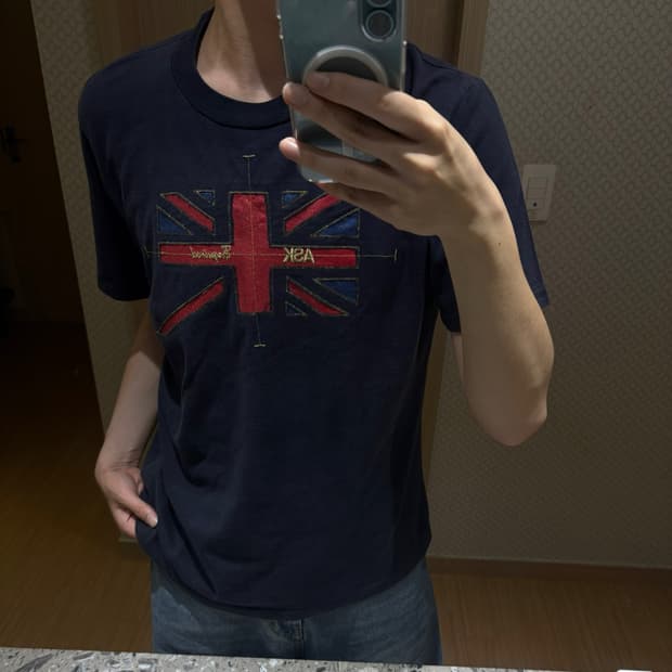 [XL] ASK(애스크) 시그니처 유니언잭 그래픽 반팔 티셔츠 네이비