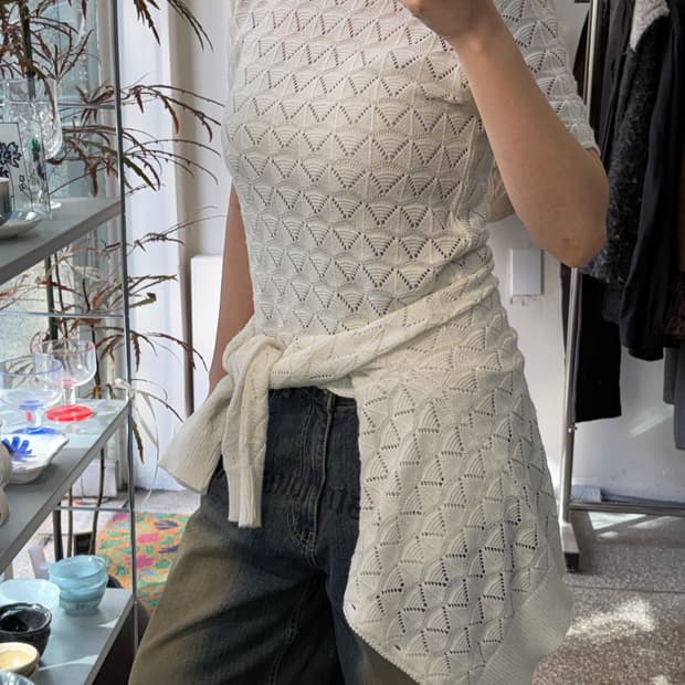 화이트 펀칭 레이스 반팔 가디건 세트