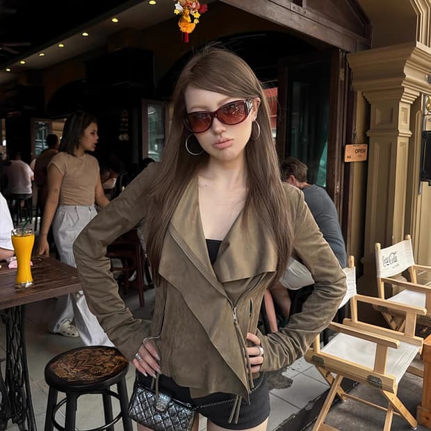 VISUAL KEI 스웨이드 칼라 입체 컷 슬림핏 숏 자켓