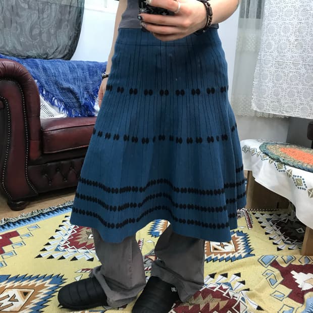 빈티지 여성 도트 스트라이프 밴딩 니트 미디스커트 