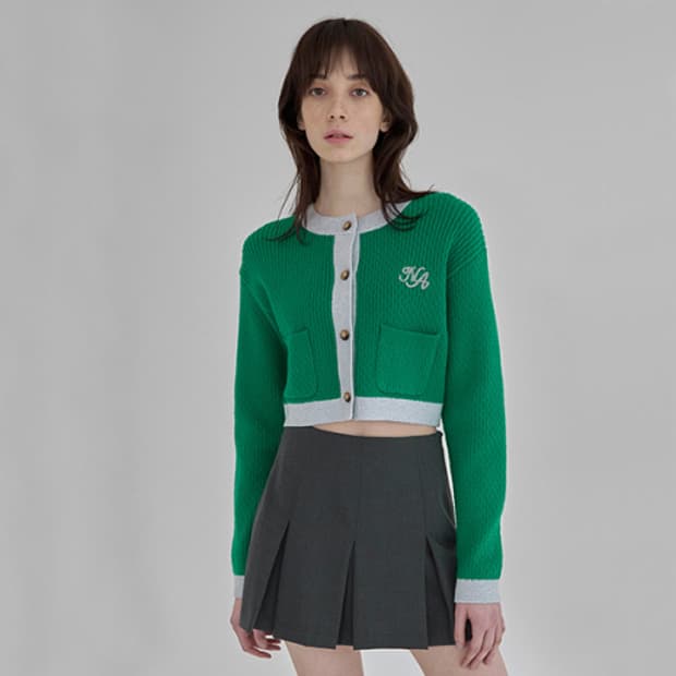 아뜰리에나인 프레피 배색 로고 자수 크롭 니트 가디건 F