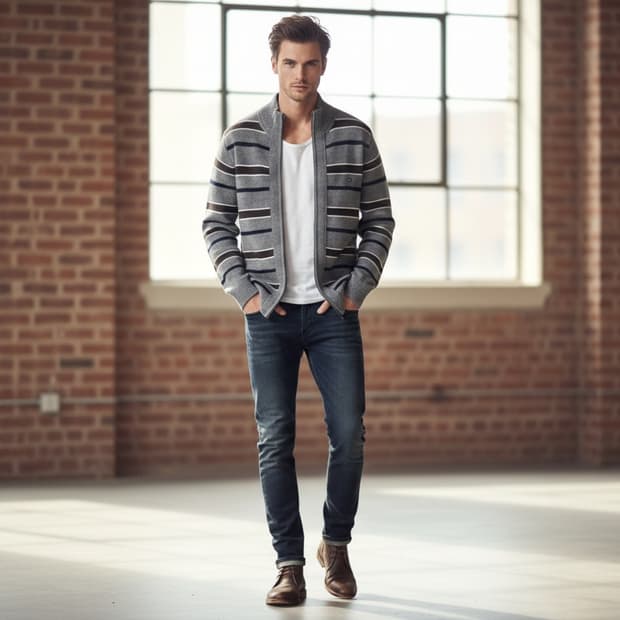 타미힐피거 남성 스트라이프 풀집업 울니트 가디건 (M)