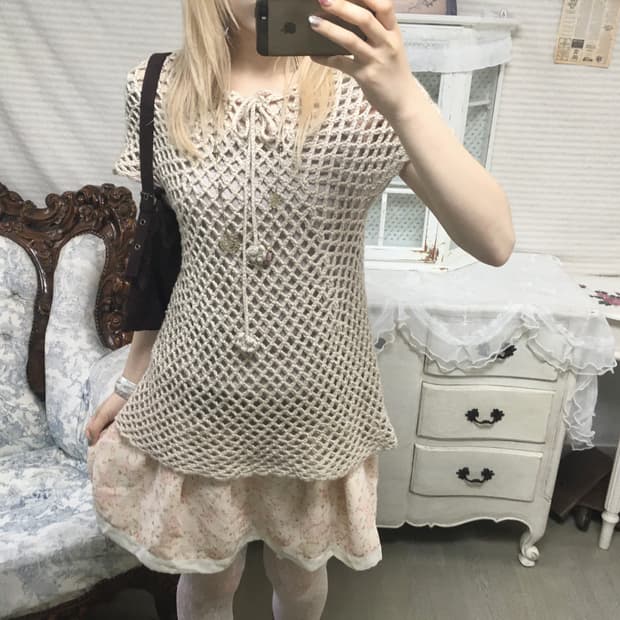 일본빈티지 모리 베이지 크로셰 블라우스