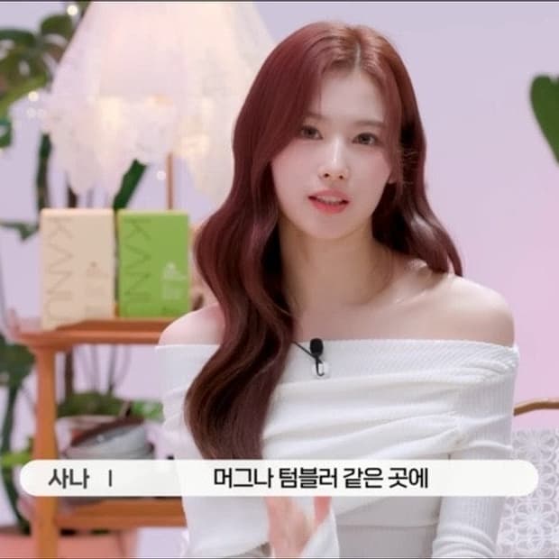 냉터뷰 사나 착용 페인오어플레져 오프숄더 s