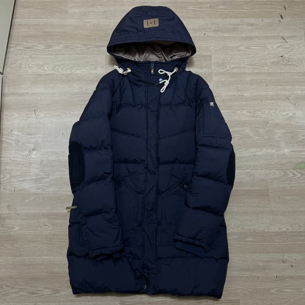 라푸마 구스다운 엘보패치 후드 미디엄 롱패딩 점퍼 [네이비] L/100