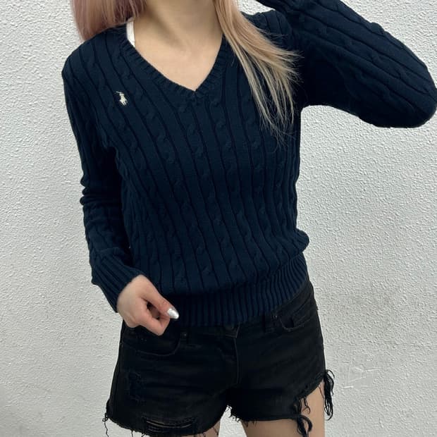폴로 랄프로렌 화이트포니 네이비 꽈배기 브이니트 S