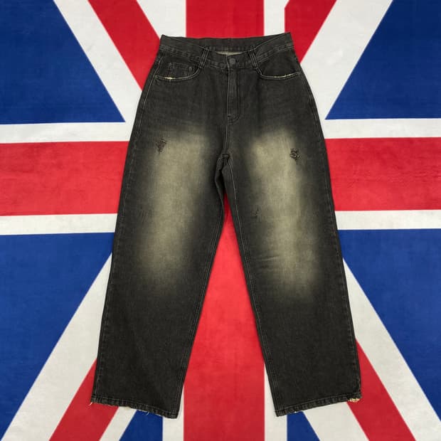 데미지 와이드 흑청팬츠 S 