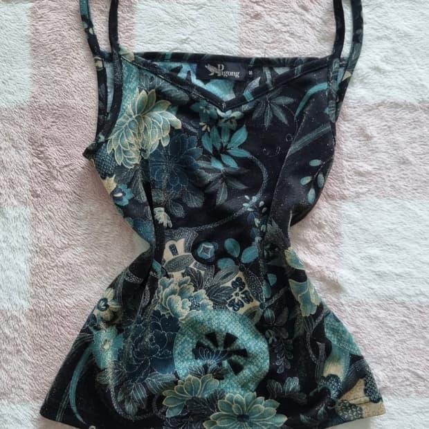 빈티지 오리엔탈 동양풍 청록색 패턴나시 슬리브리스