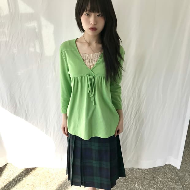 라임 소르베 리본 블라우스