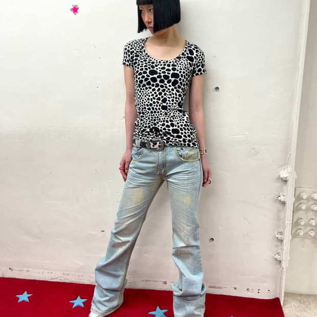 Gold stitch light blue denim pants 