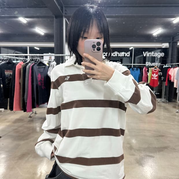 아베크롬비 엔 피치 브라운 스트라이프 카라 긴팔 티셔츠