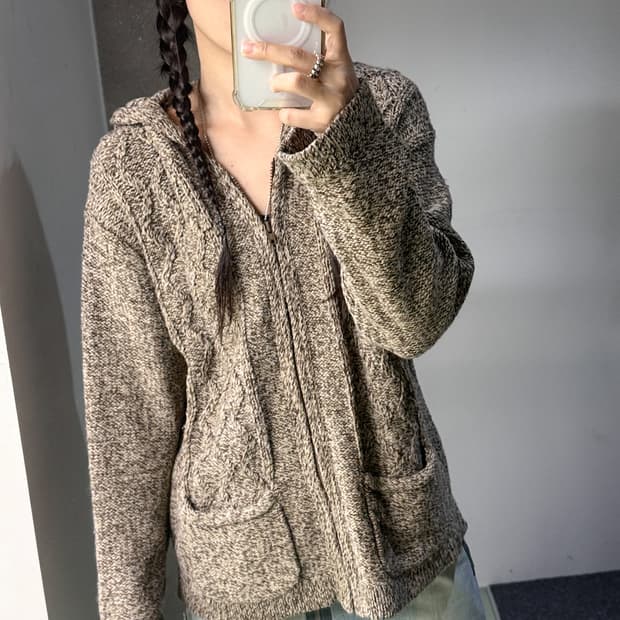 brown cable hd knit zip up