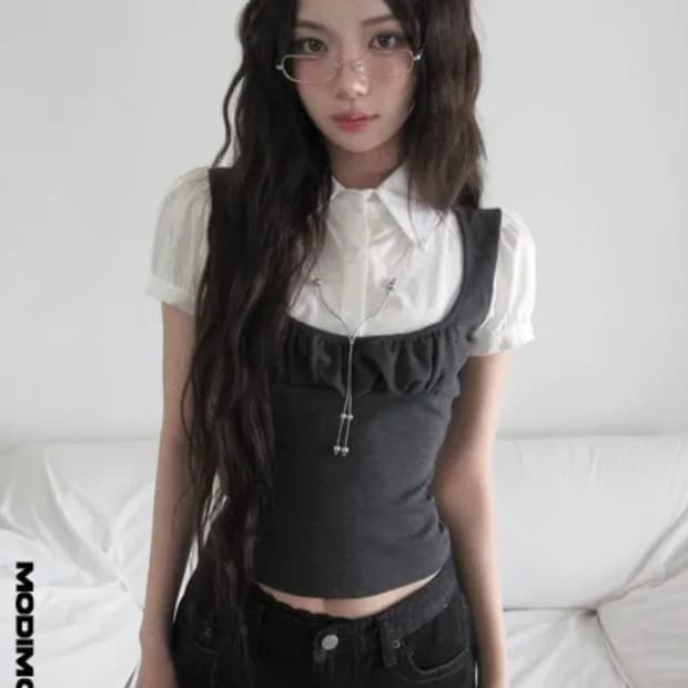 모디무드 루지 퍼프 반팔 조끼 블라우스 세트