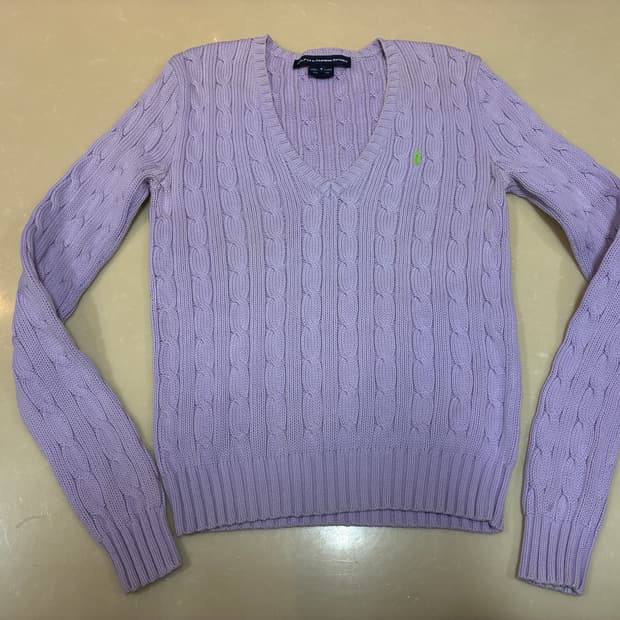 S) 폴로 랄프로렌 스포츠 케이블 꽈배기 니트 코튼 스웨터 라벤더