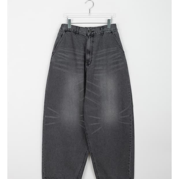 바온 밴딩 캣 워싱 벌룬 핏 와이드 데님 팬츠 청 바지 흑청