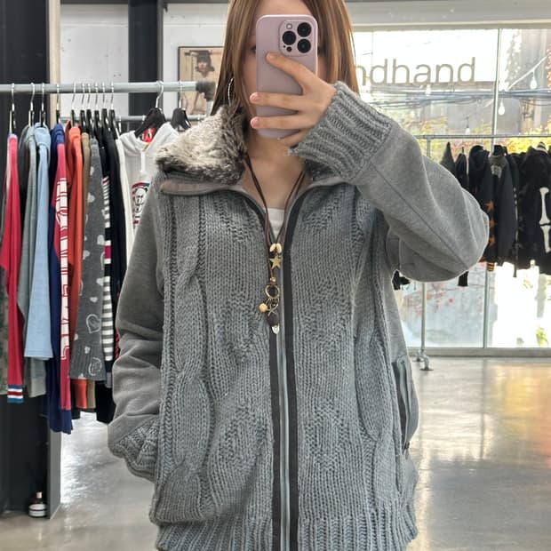 재팬빈티지 하이넥 퍼 꽈배기 니트집업