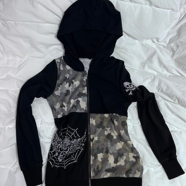 빈티지 카모 블랙 비즈 y2k 섹시 후드 집업