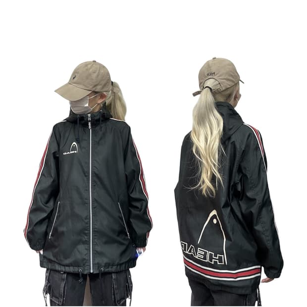 헤드 블랙 올드스쿨 빅 로고 바람막이 후드 오버핏 트랙 자켓 