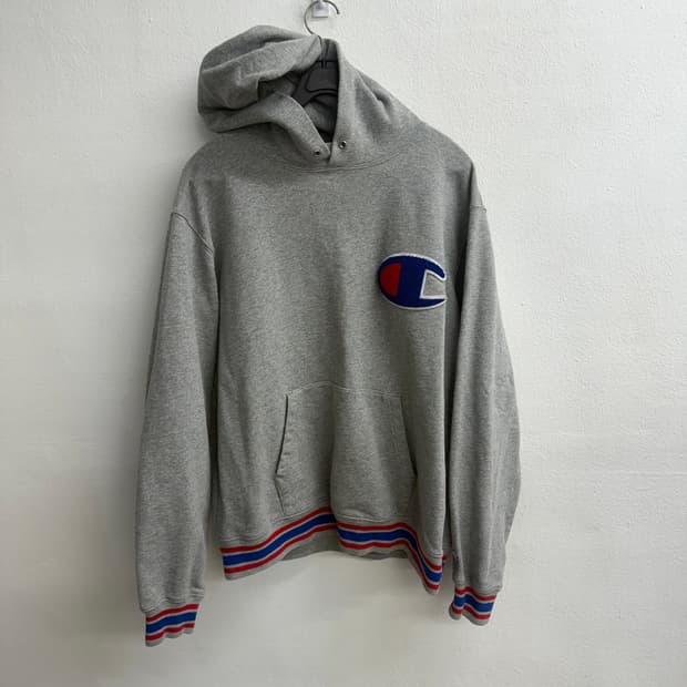챔피온 올드스쿨 배색 부클패치 그레이 후드티 XL