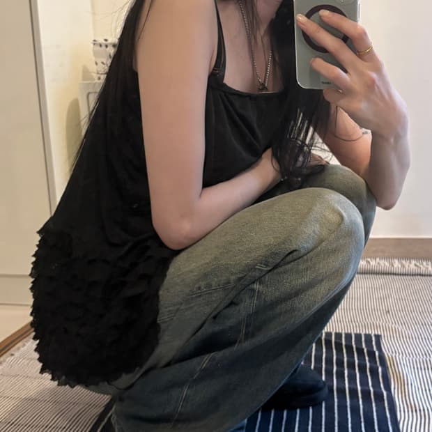 Japanese Vintage Black Frill Sleeveless 