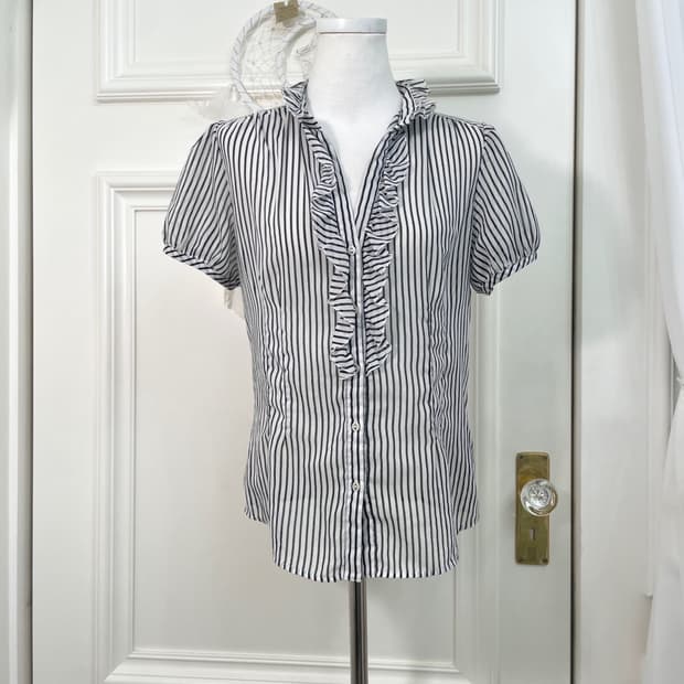 white black stripe shirring cotton blous
