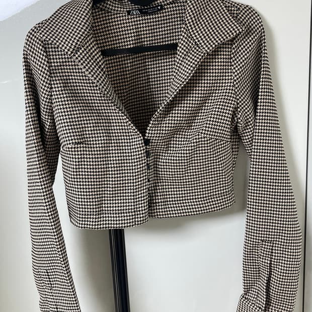 자라 검정 - 브라운 체크 셔츠 크롭 자켓