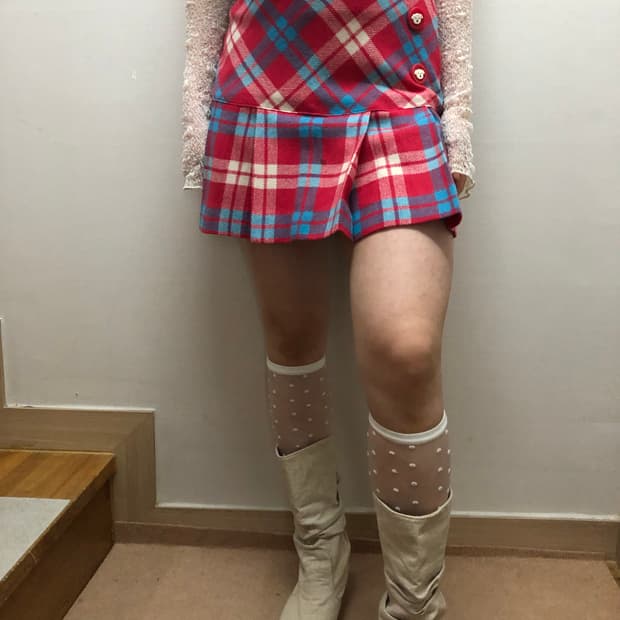 빈티지 핑크 블루 체크 미니 플리츠 스커트