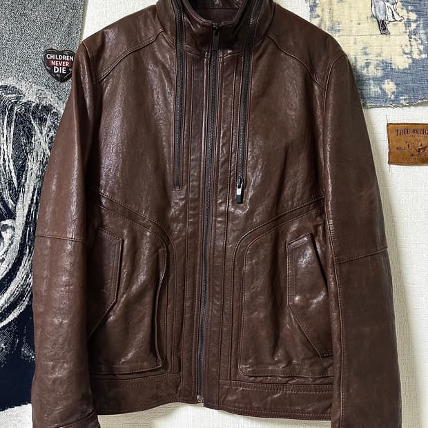 Kinloch Anderson 램스킨 멀티지퍼 하이넥 레더자켓