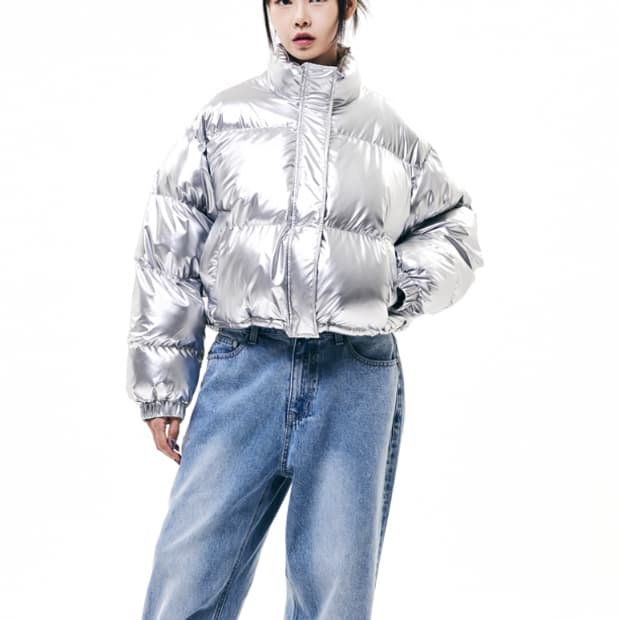 66/128 글로시 메탈릭 푸퍼 크롭 숏패딩 