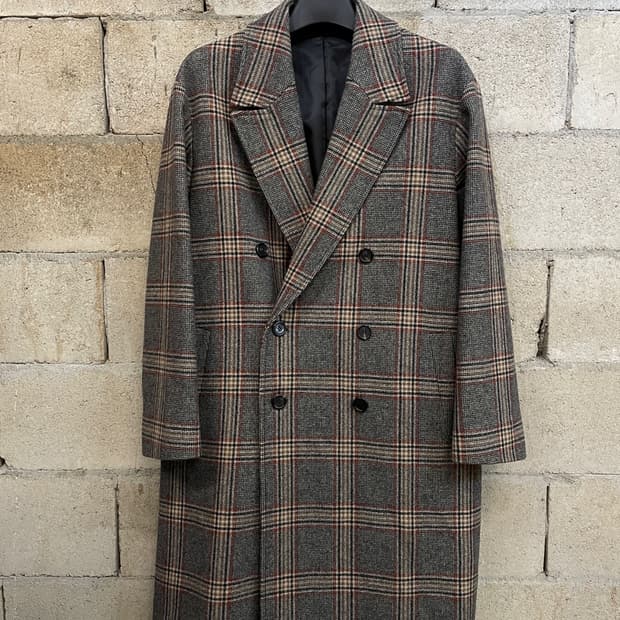쿠어 체크 더블 롱 코트 