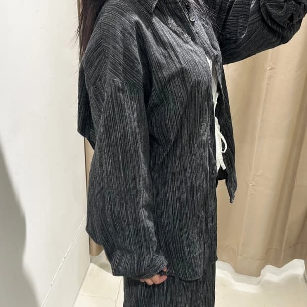 Selected 00's 블랙 텍스처 스트라이프 썸머 셋업 R2907