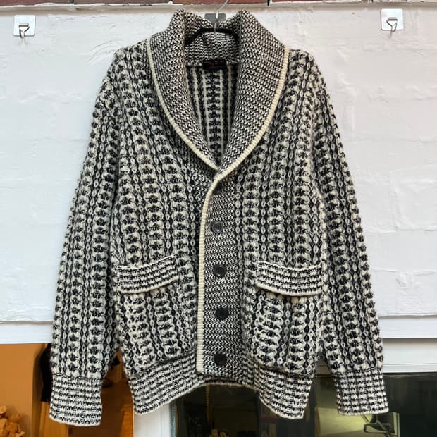 Top 블랙 앤 화이트 숄 칼라 트위드 울 가디건 M