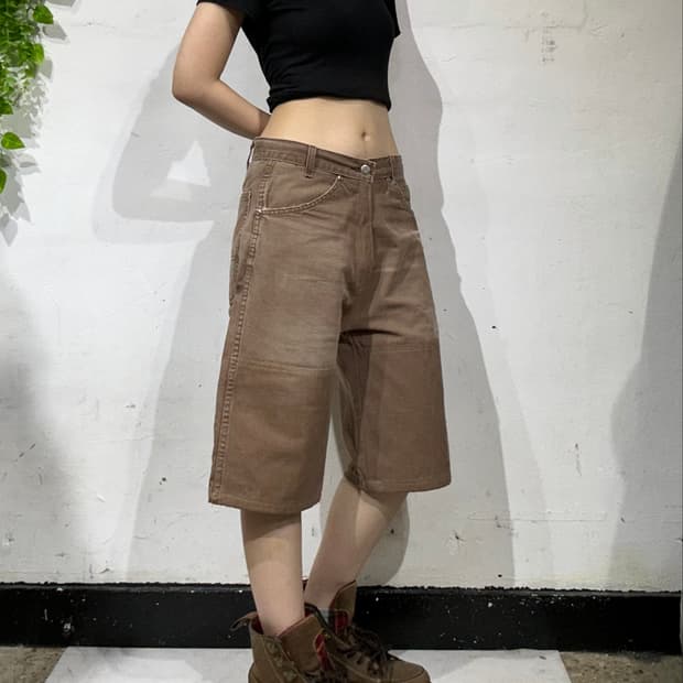 디키즈 브라운 워싱 와이드 워크 데님 팬츠 버뮤다 반바지