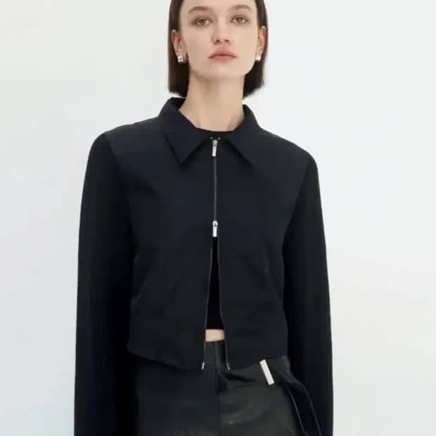 트리밍버드 니트 슬리브 크롭 자켓 블랙