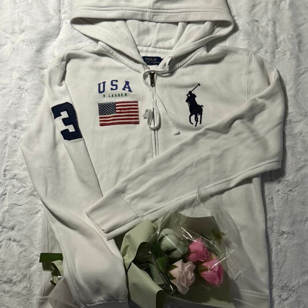 폴로 빅포니 성조기 화이트 후드집업 S