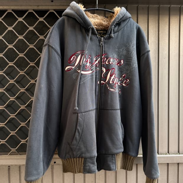 TBJ JEANS grunge washed fur hood zip 