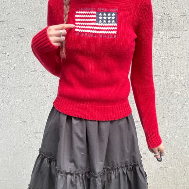 폴로진스 성조기 레드 터틀넥 코튼니트