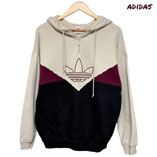3618 아디다스 베이지 빅로고 하프 반집업 후드티