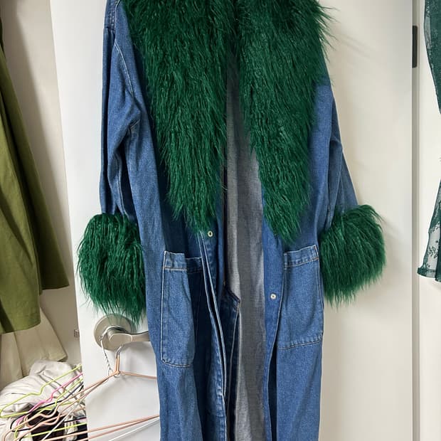 자라(zara) 데님 롱 코트, 그린 퍼 트리밍