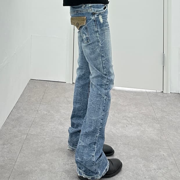 Flare back leather detail denim pants