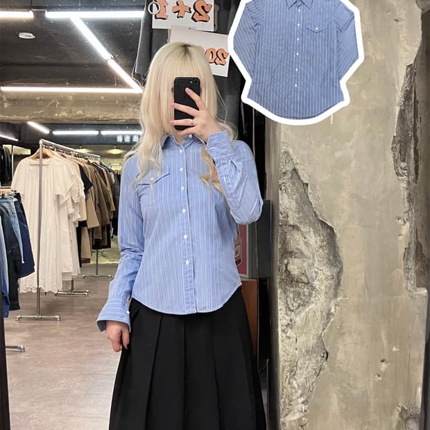 폴로 랄프로렌 스트라이프 스키니핏 코튼 셔츠 스카이블루 #csz4101