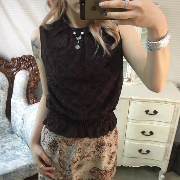 brown lace shirring sheer blouse
