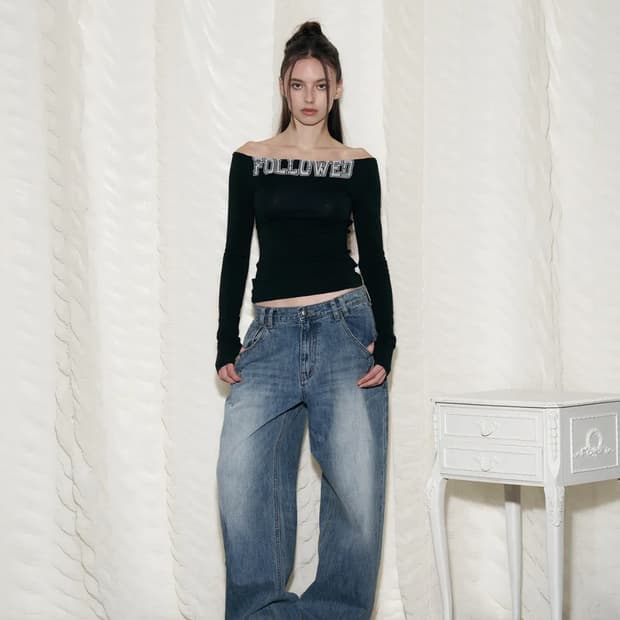 플리즈노팔로우 25Damaged Washing Wide Denim 