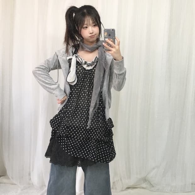 빈티지 도트 원피스 러힙 코디세트