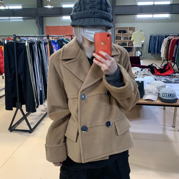 발렌티노 이태리 빈티지 하프 숏코트 더블 브레스트 버튼 피코트 베이지