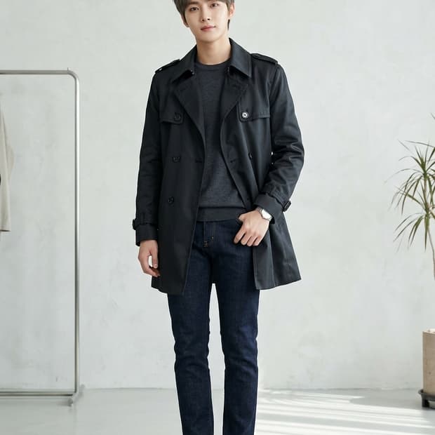 T.I FOR MEN 티아이포맨 실크 혼방 더블 트렌치 코트 블랙