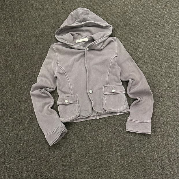 OS)Japanese vintage 여성 퍼플 워싱 버튼 후드 자켓