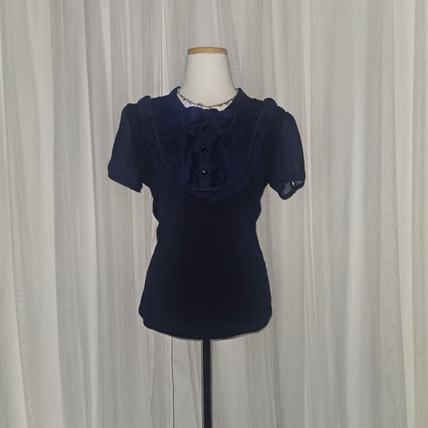 soup 네이비 히메 리본 타이 블라우스